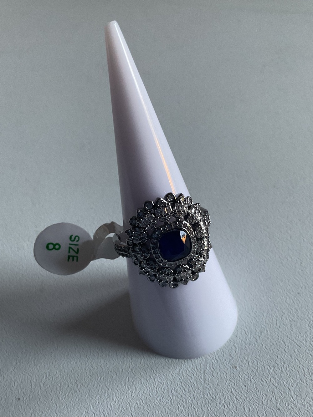 bp Silver-Tone Ring with Deep Blue Center and Clear Accents